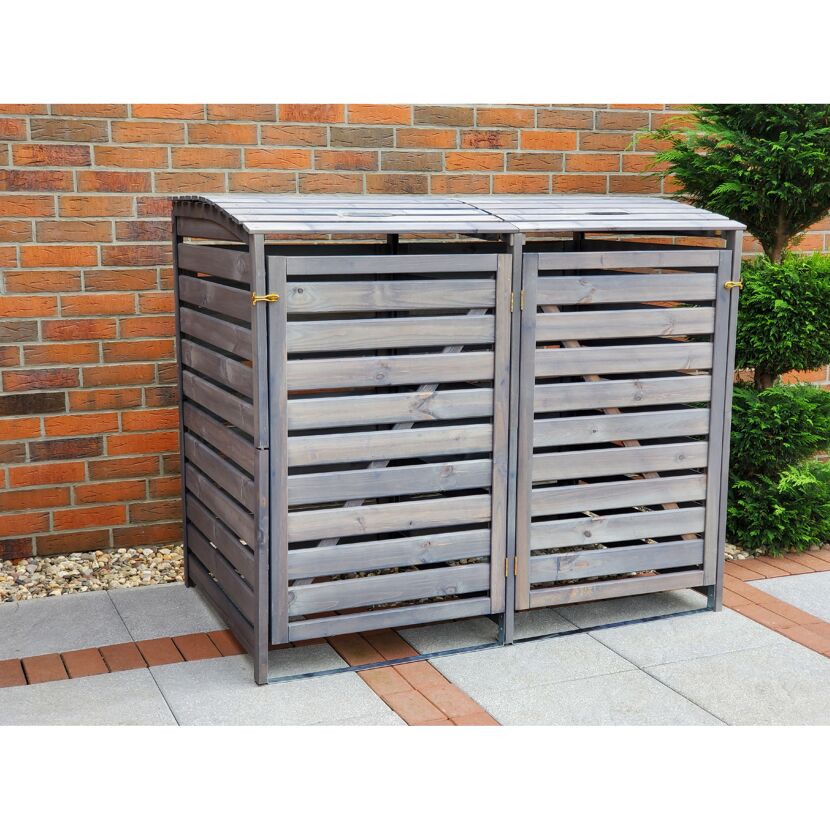 Doppelte Mülltonnenbox aus grauem Holz