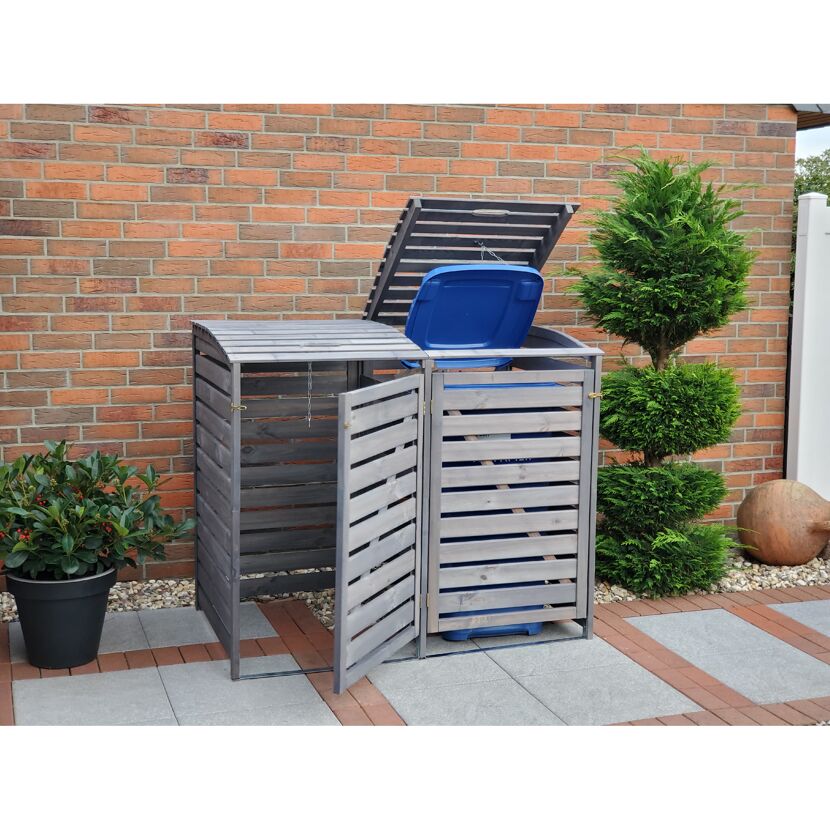 Graue Mülltonnenbox aus Holz