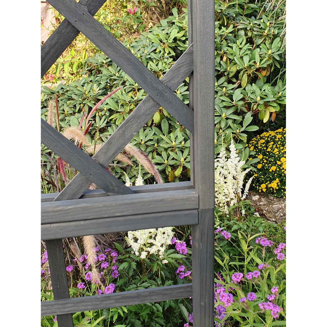 Schwarzes Holzgitter vor Blumen