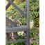 Schwarzes Holzgitter vor Blumen