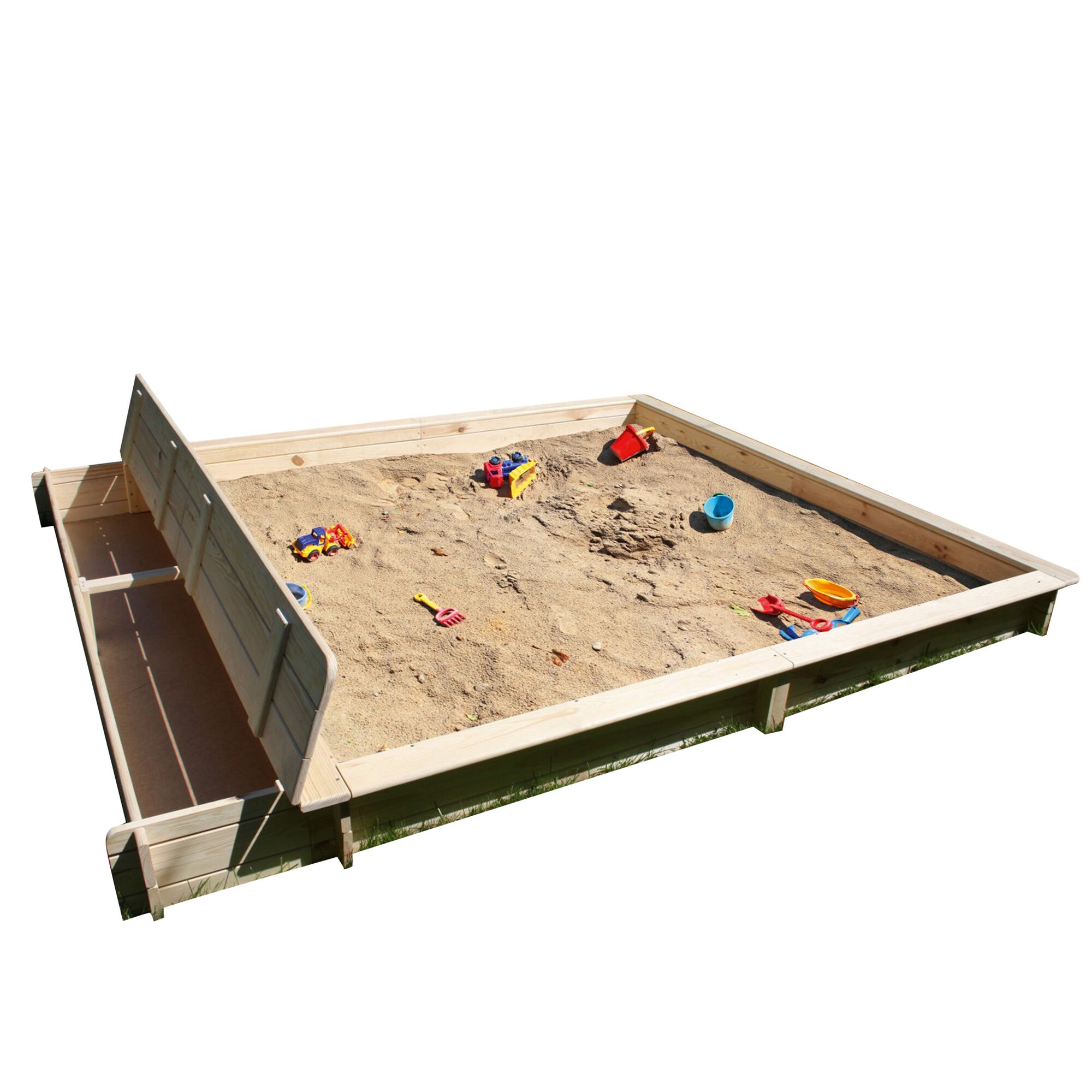 Hölzerner Sandkasten mit Spielzeug