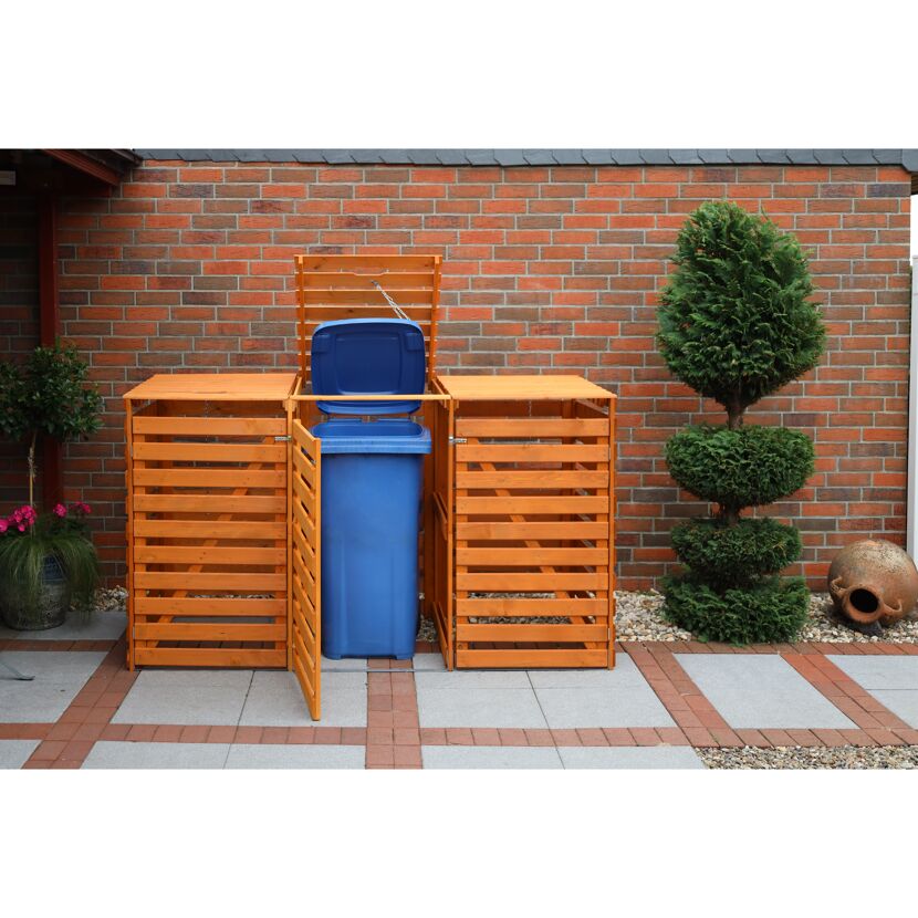 Holz Mülltonnenbox mit blauer Mülltonne