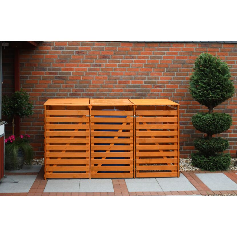 Holz-Mülltonnenbox mit drei Tonnen