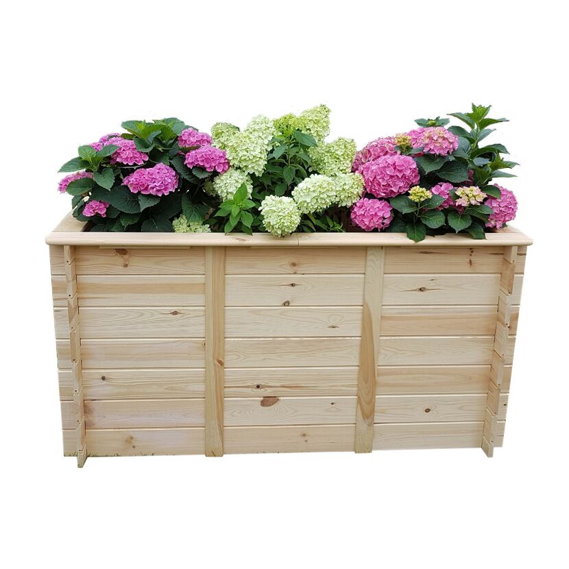 Holzblumenkasten mit Hortensien