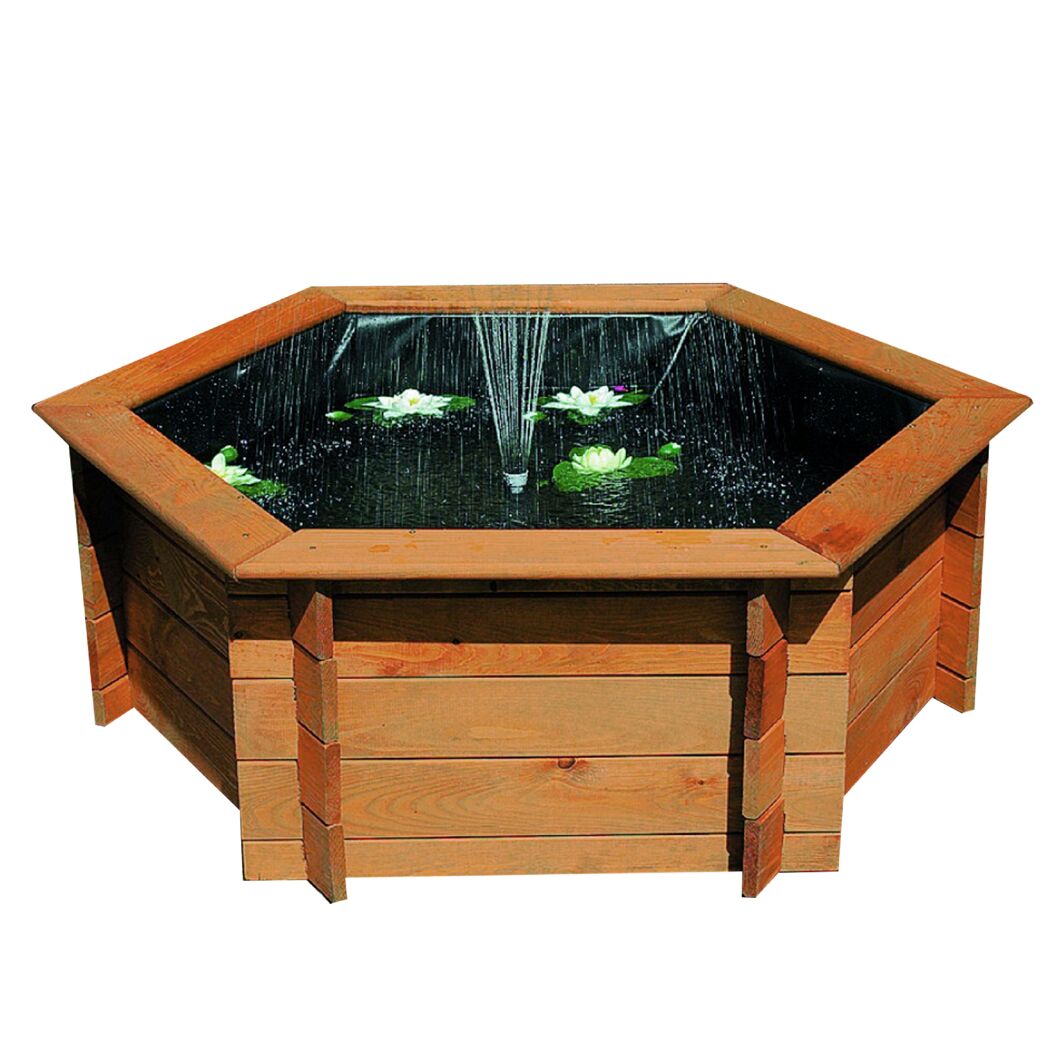 Sechseckiger Hochteich aus Holz mit Springbrunnen