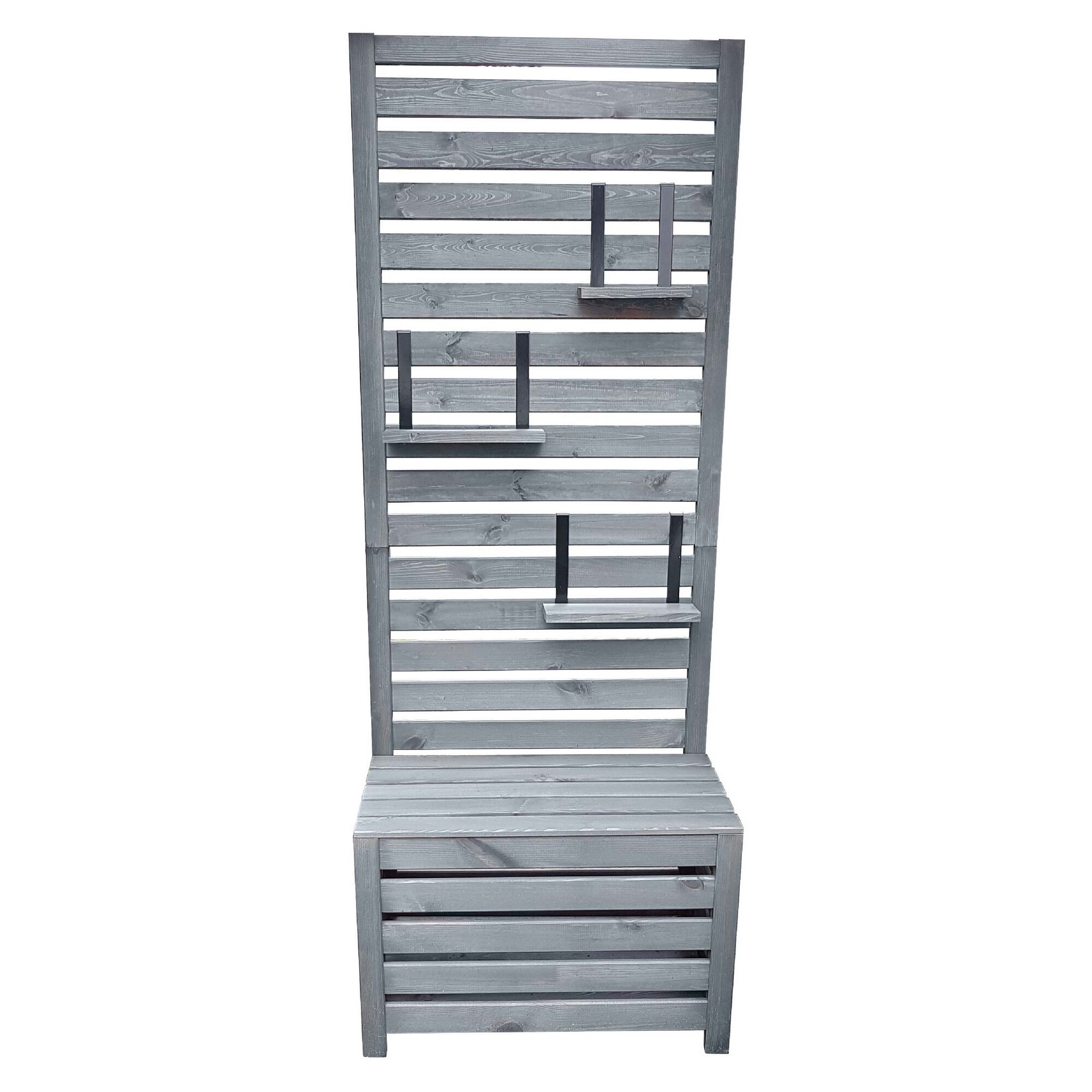 Graues Holzregal mit Sitzbank