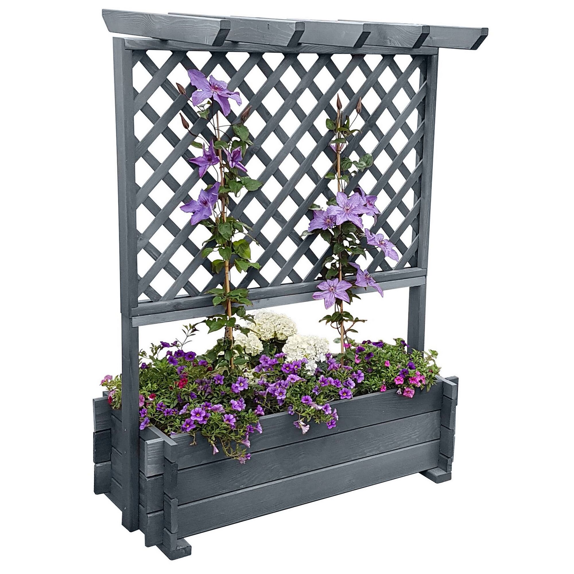 Grauer Blumenkasten mit Rankgitter