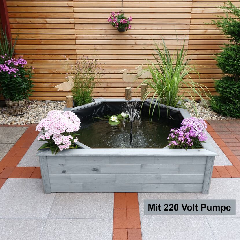 Grauer Holz-Hochteich mit Pumpe