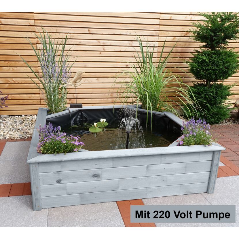 Grauer Holz-Hochteich mit Pumpe