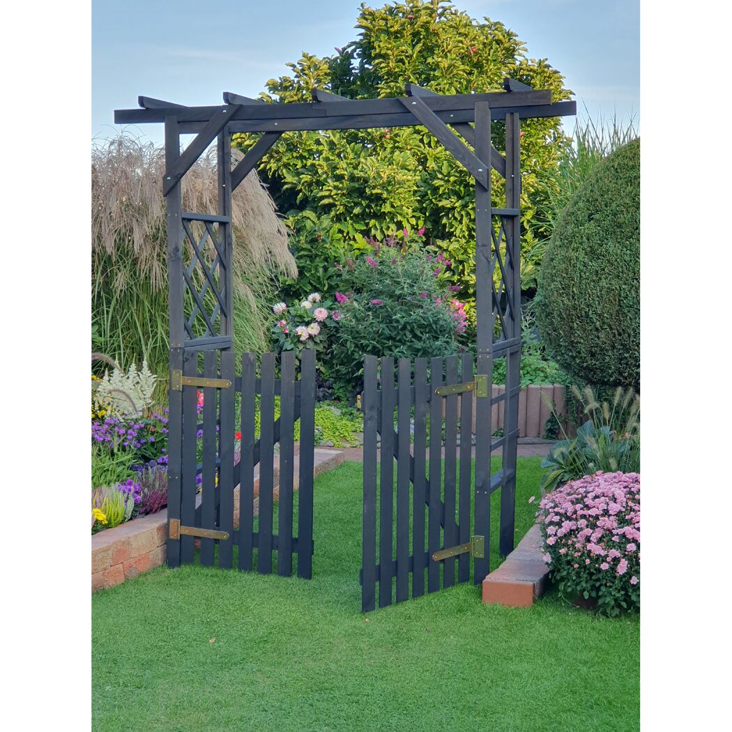 Schwarzer Gartenbogen mit Tor