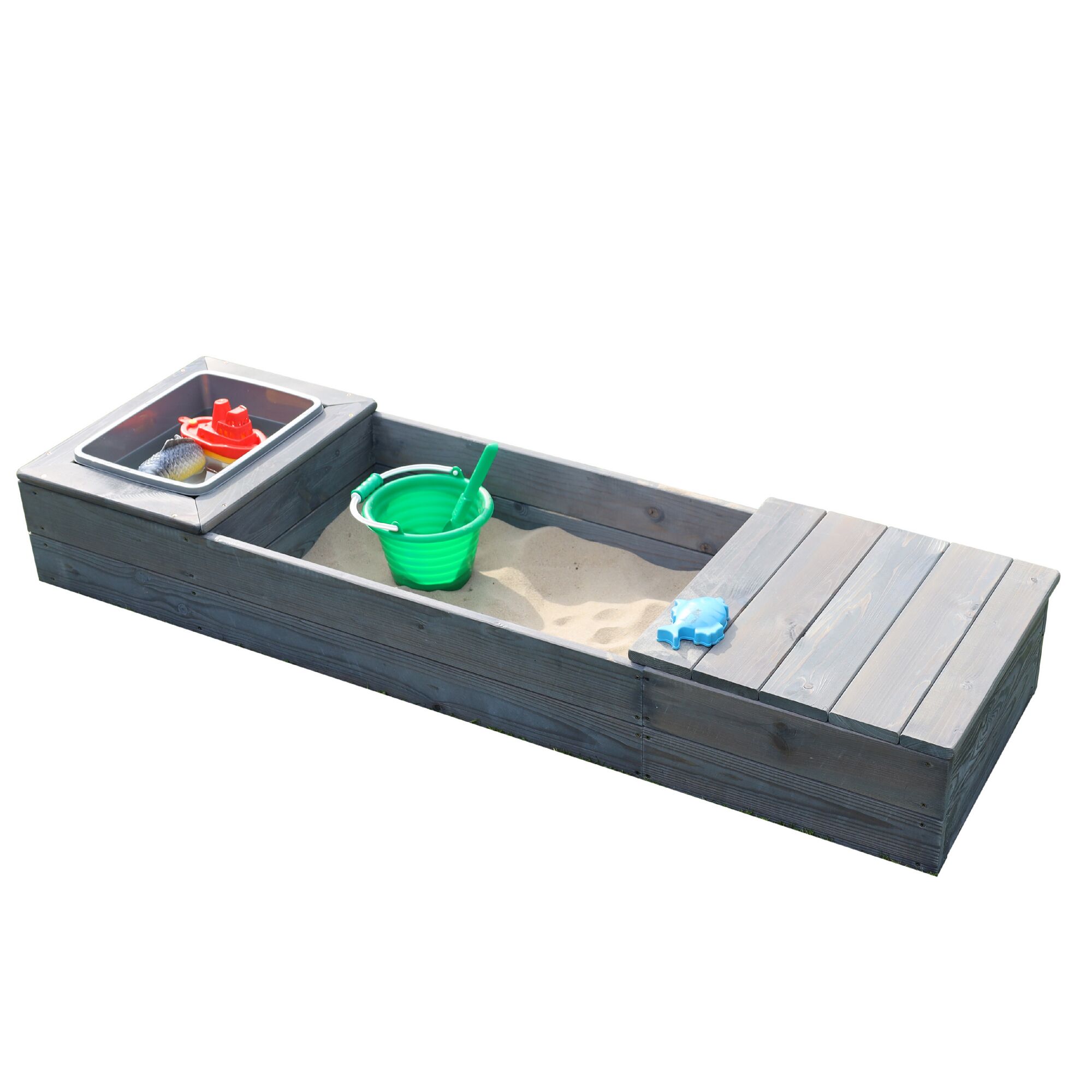 Grauer Sandkasten aus Holz mit Deckel, Eimer und Schaufel