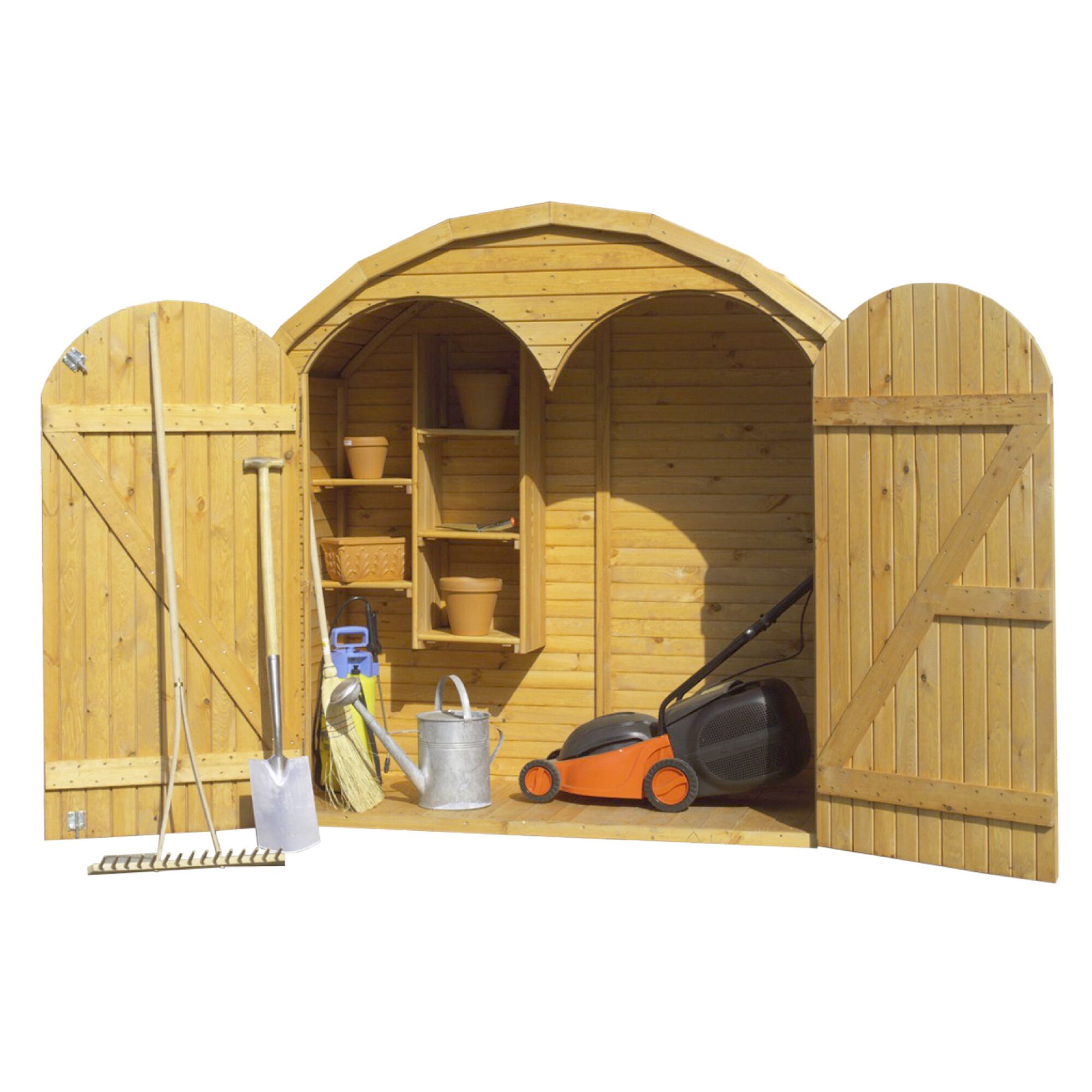 Gartenhäuschen mit Rasenmäher und Gartengeräten