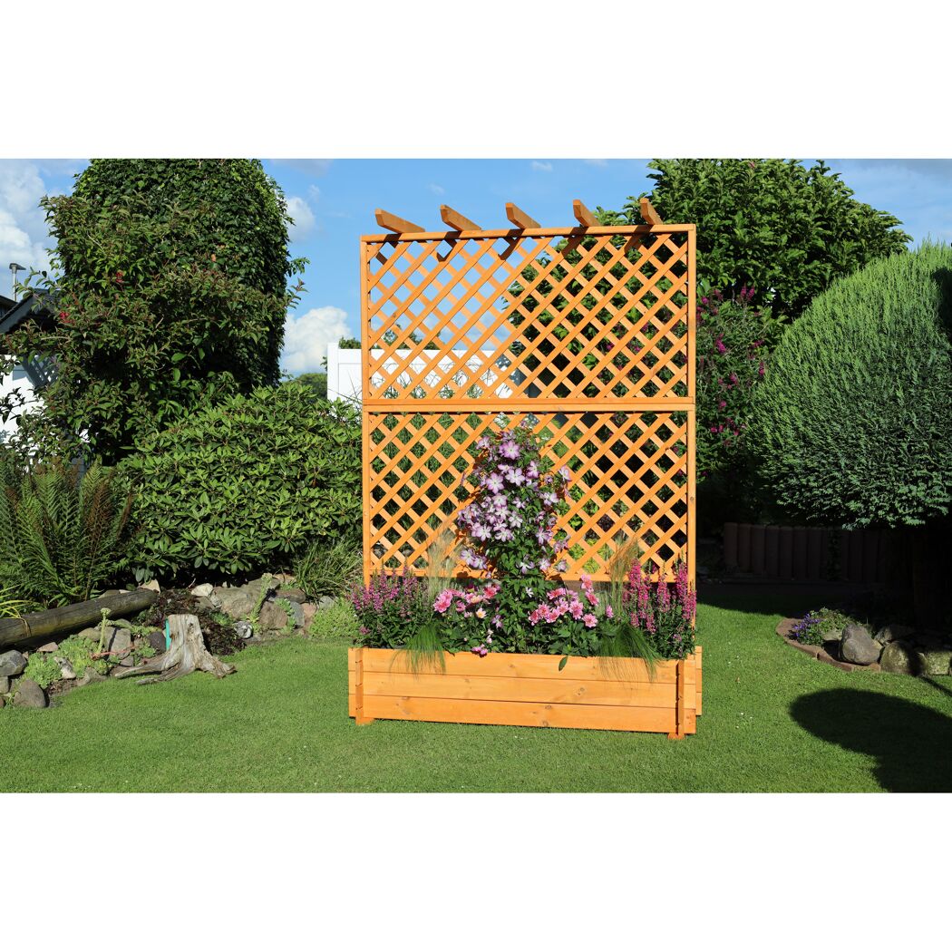 Holzblumenkasten mit Rankgitter