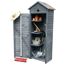 Grauer Gartenschrank mit Gartengeräten
