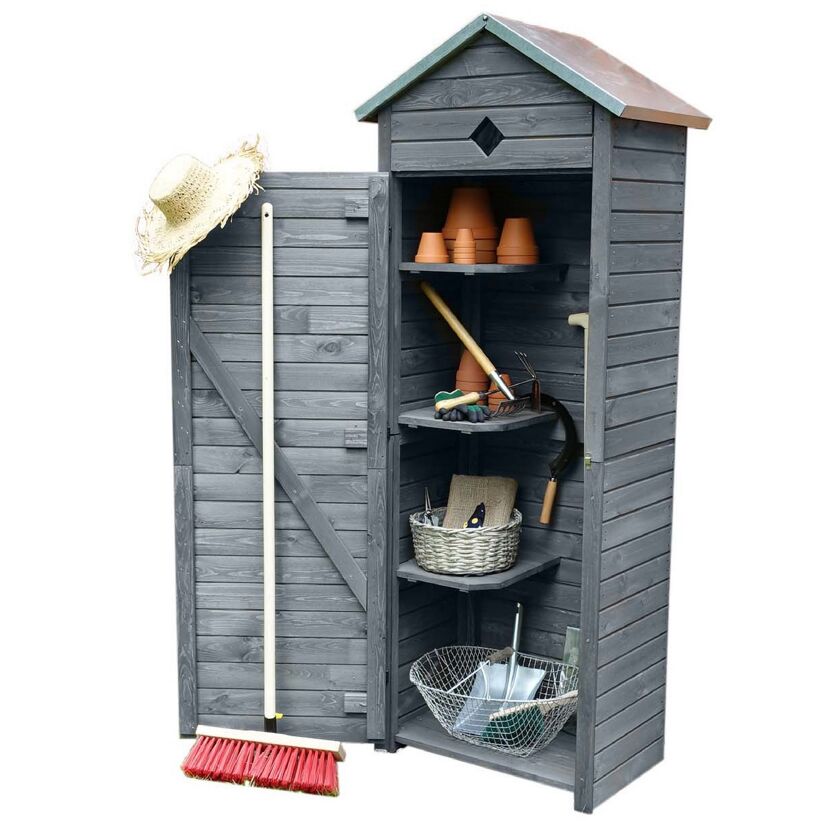 Grauer Gartenschrank mit Gartengeräten