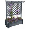 Grauer Rankkasten mit Rankgitter und Blumen