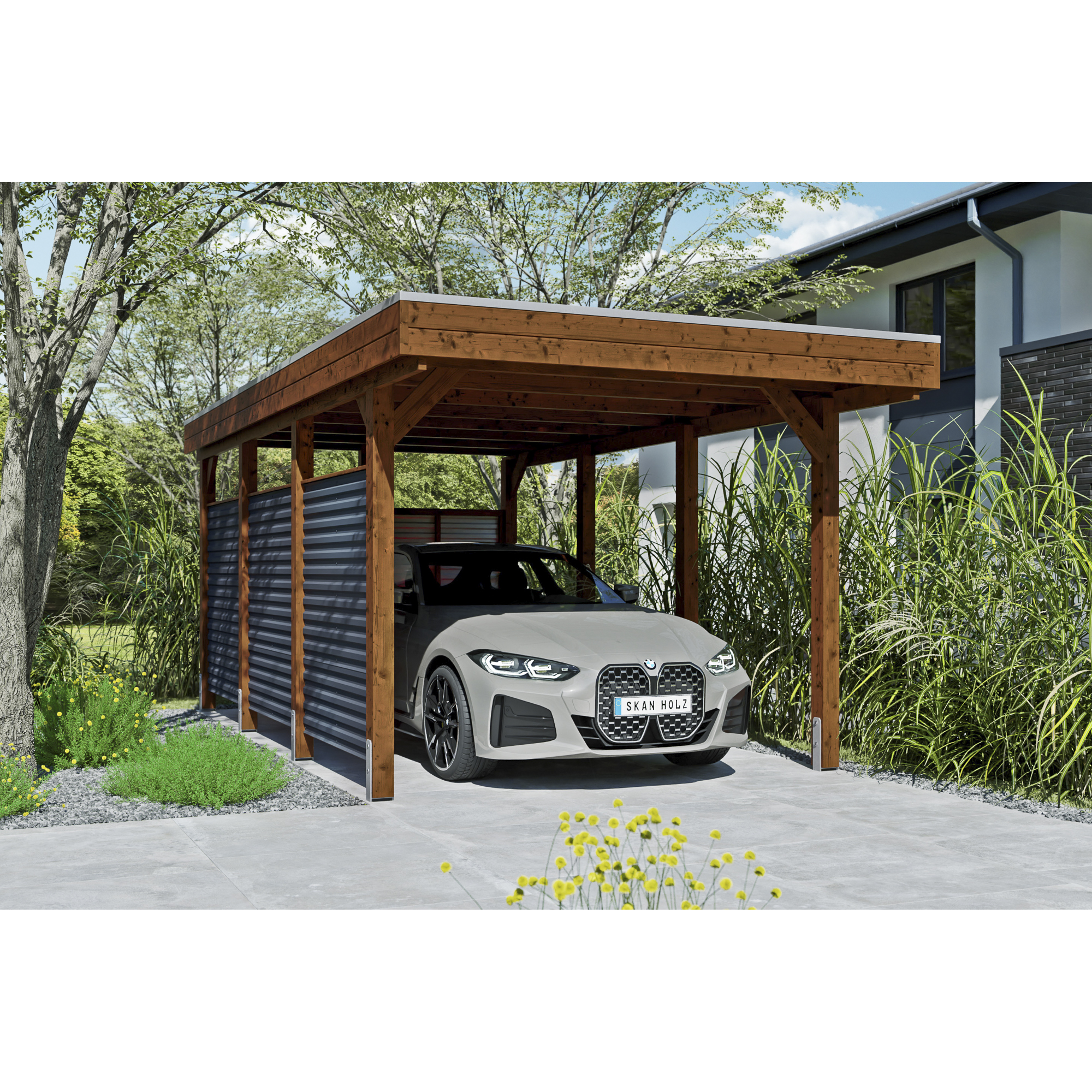 Einzelcarport 'Friesland Hybrid Set 11' Fichtenholz nussbaumfarben 314 x 555 cm