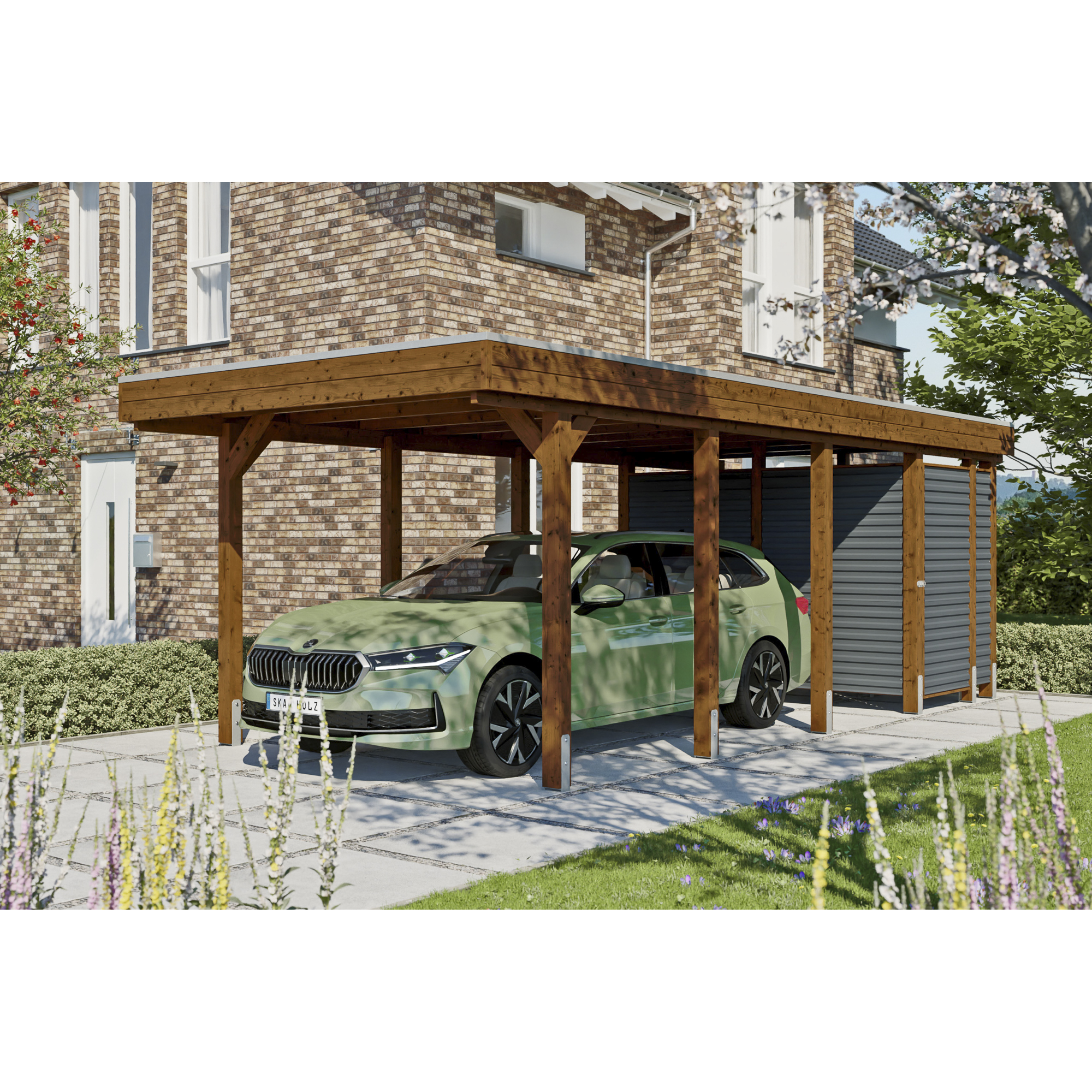 Einzelcarport 'Friesland Hybrid Set 12' Fichtenholz nussbaumfarben 314 x 708 cm