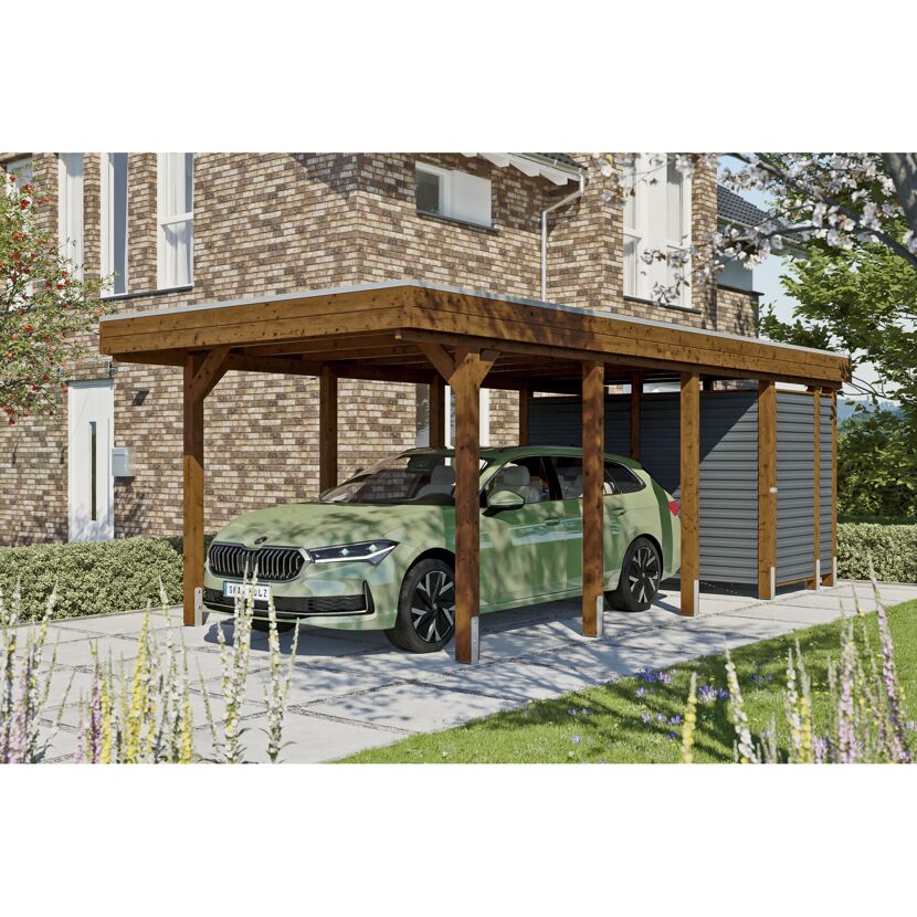 Einzelcarport 'Friesland Hybrid Set 12' Fichtenholz nussbaumfarben 314 x 708 cm