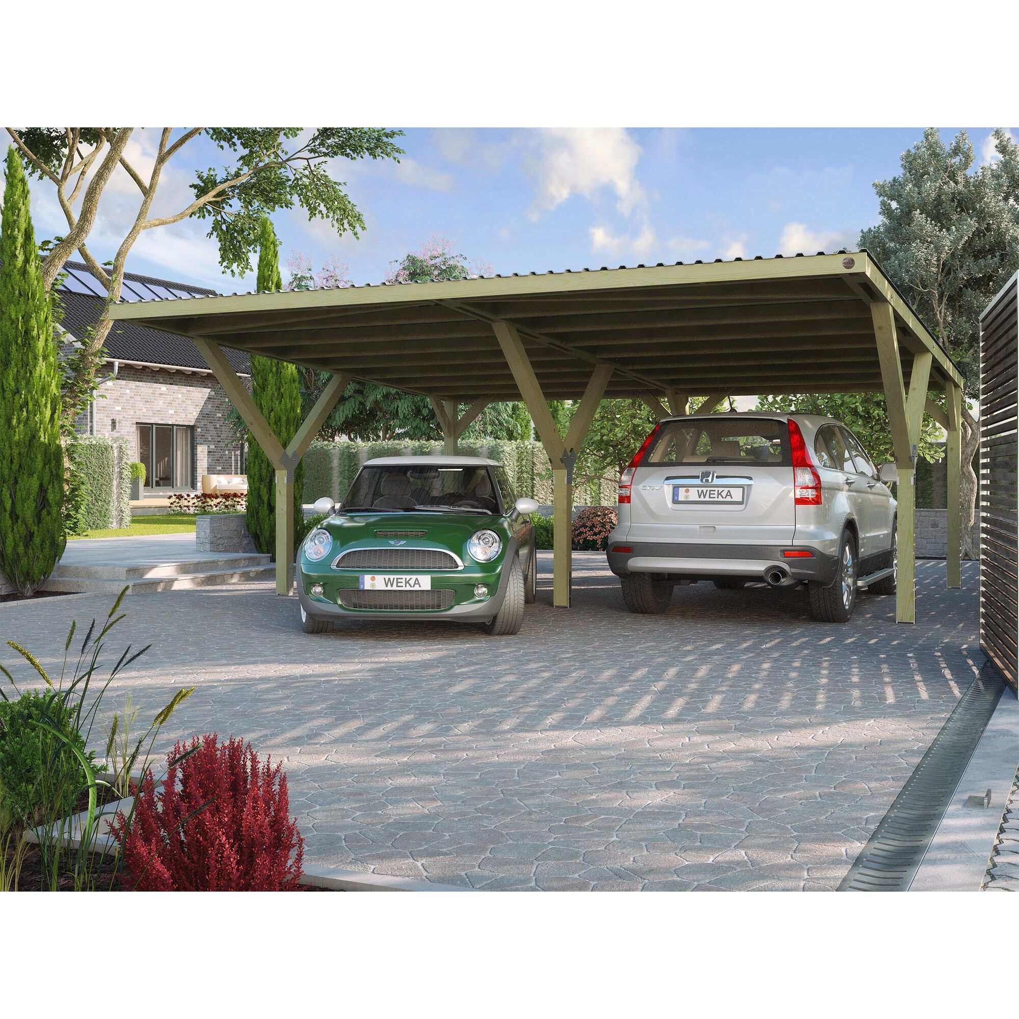 Doppelcarport mit Flachdach und zwei Autos