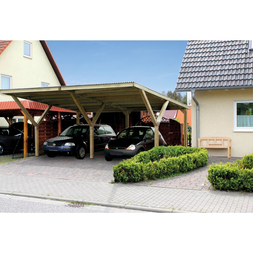 Doppelcarport mit Flachdach aus Holz und zwei Autos darunter.