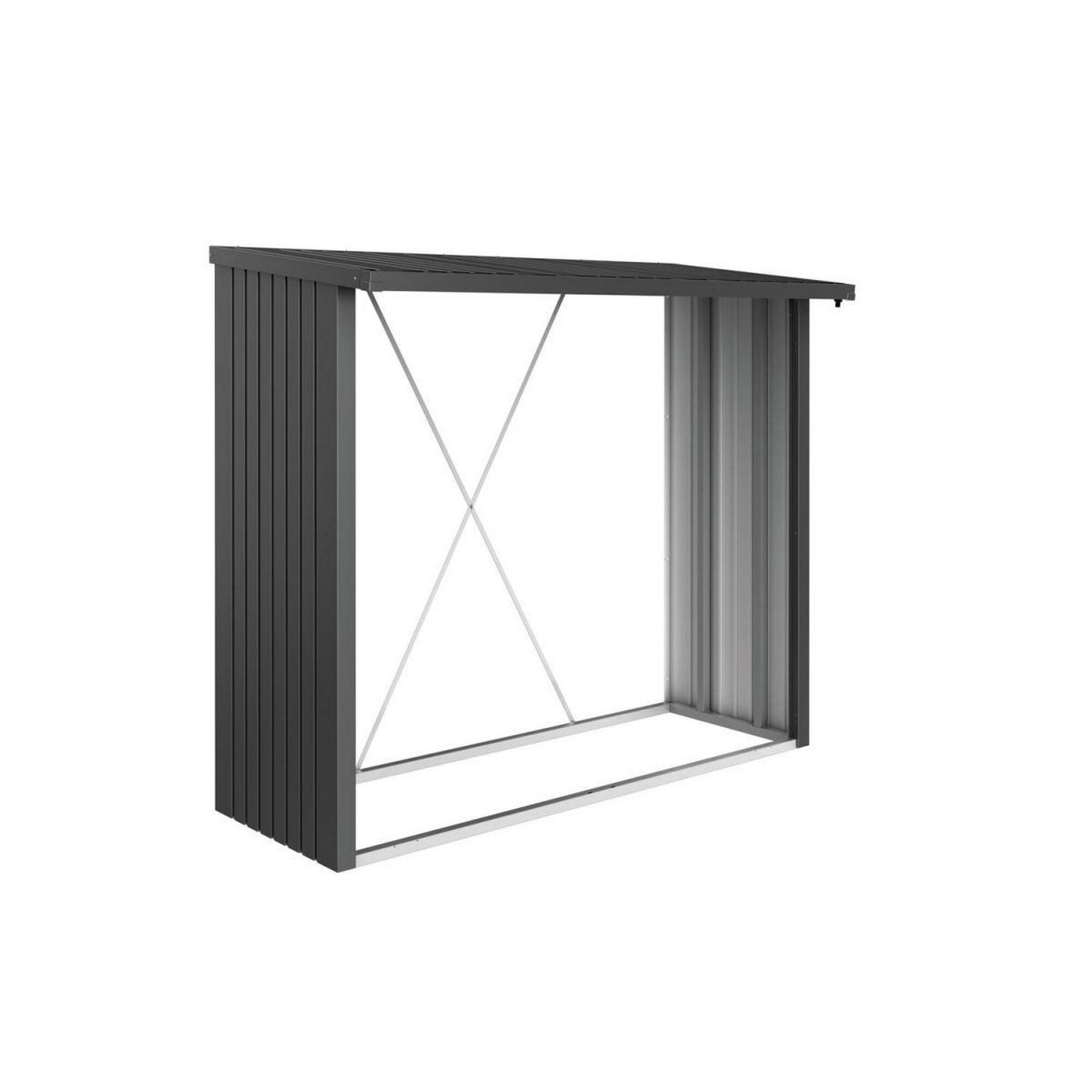 Grauer Holzlager-Unterstand aus Metall.