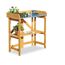 Gärtnerpflanztisch aus Holz mit Blumen und Gartengeräten.