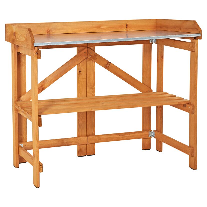 Gärtnerpflanztisch aus Holz mit Metallplatte
