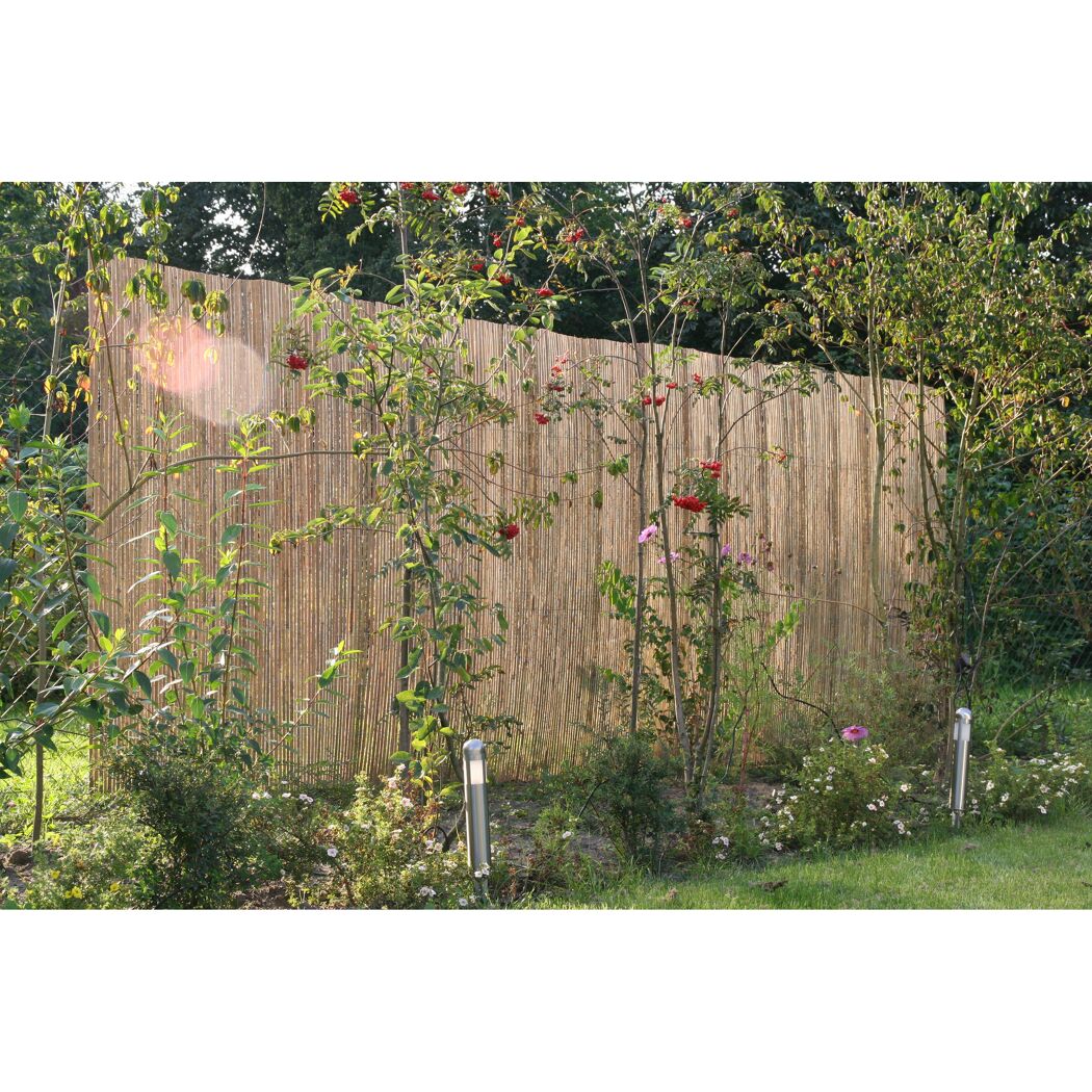 Bambusmatte im Garten mit Pflanzen und Leuchten