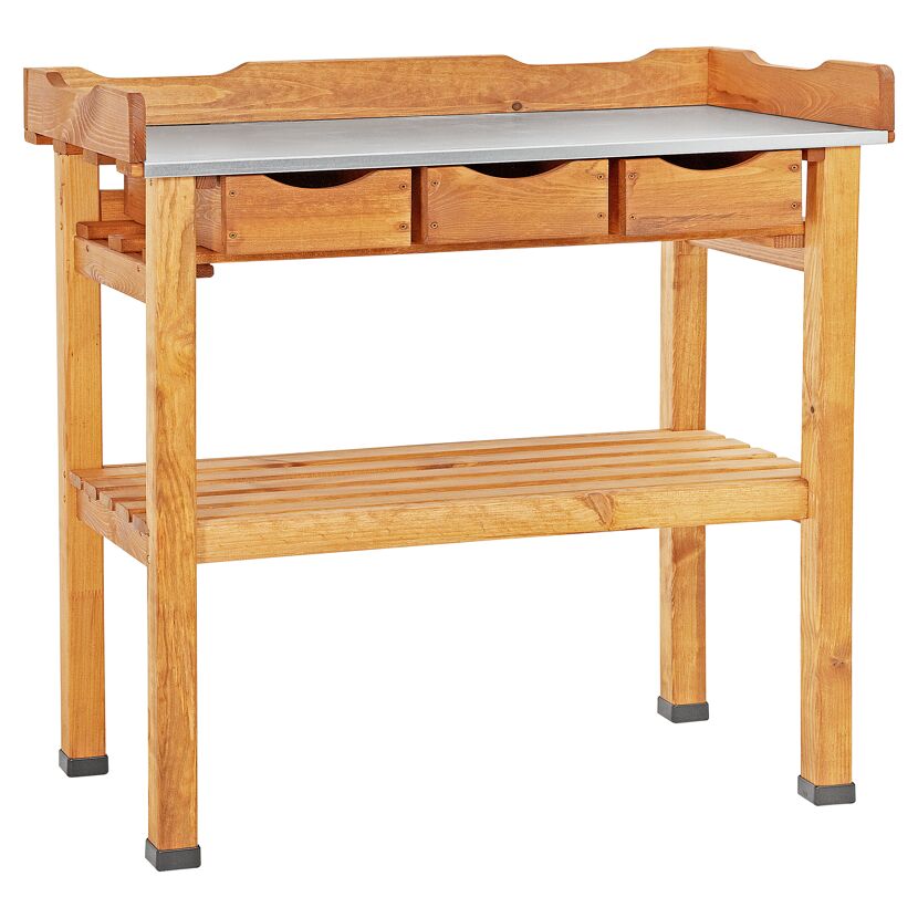 Holz-Gärtnerpflanztisch mit zwei Schubladen und Ablage.