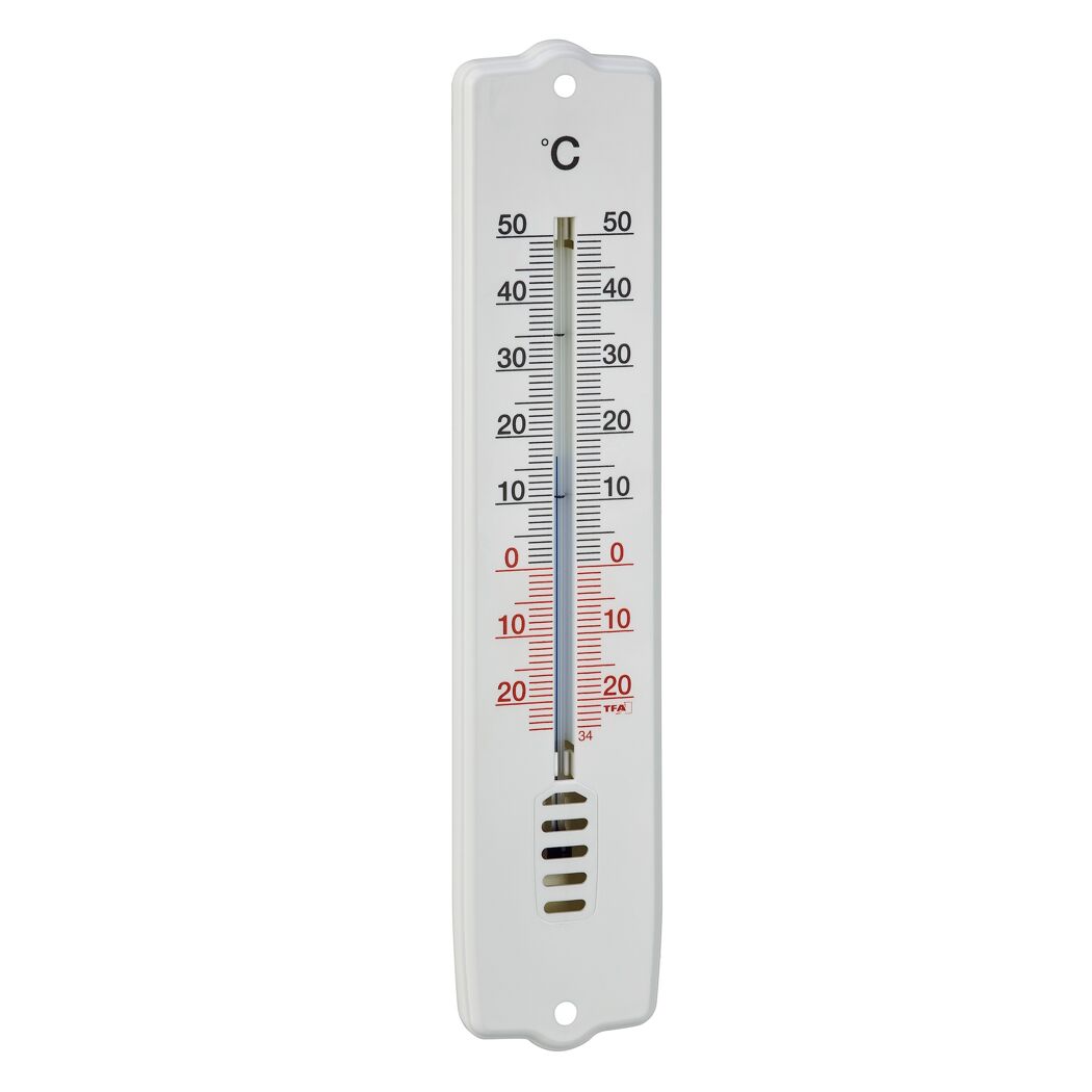 Weißes Thermometer, das 24 Grad Celsius anzeigt.
