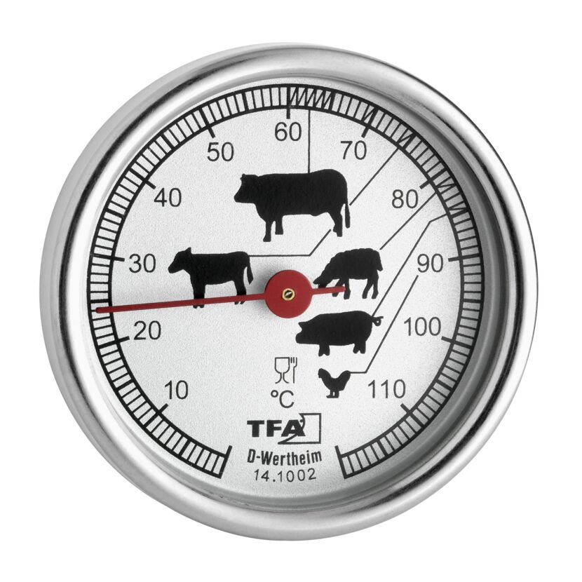 Analoges Bratenthermometer mit verschiedenen Tiermotiven.
