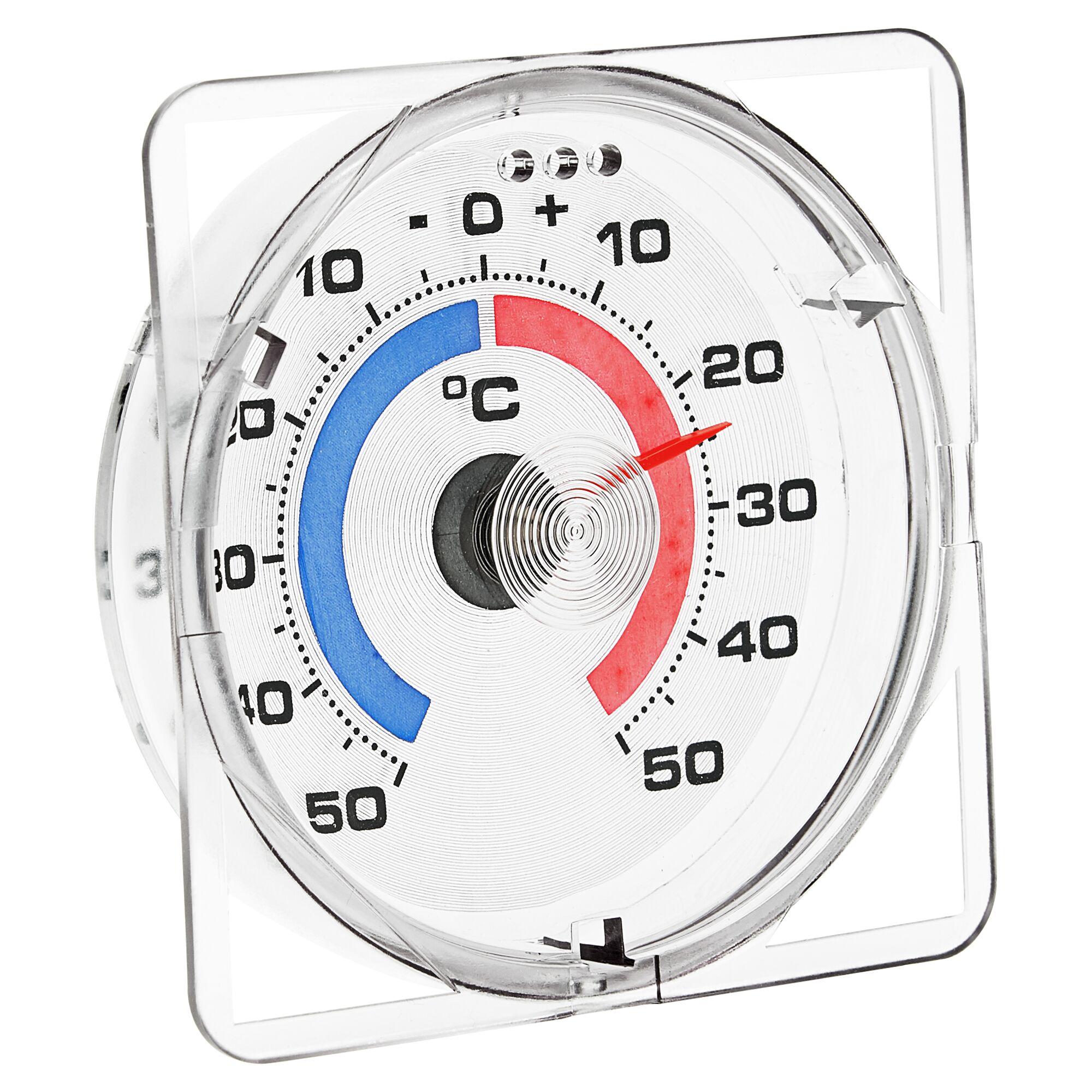 Fensterthermometer mit weißem Ziffernblatt und einem roten Zeiger