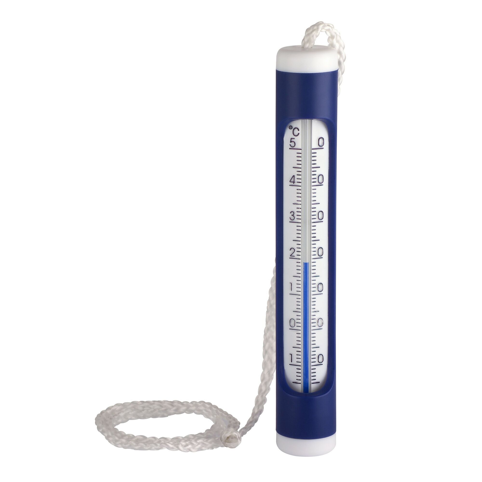 Blaues Poolthermometer mit weißer Kordel