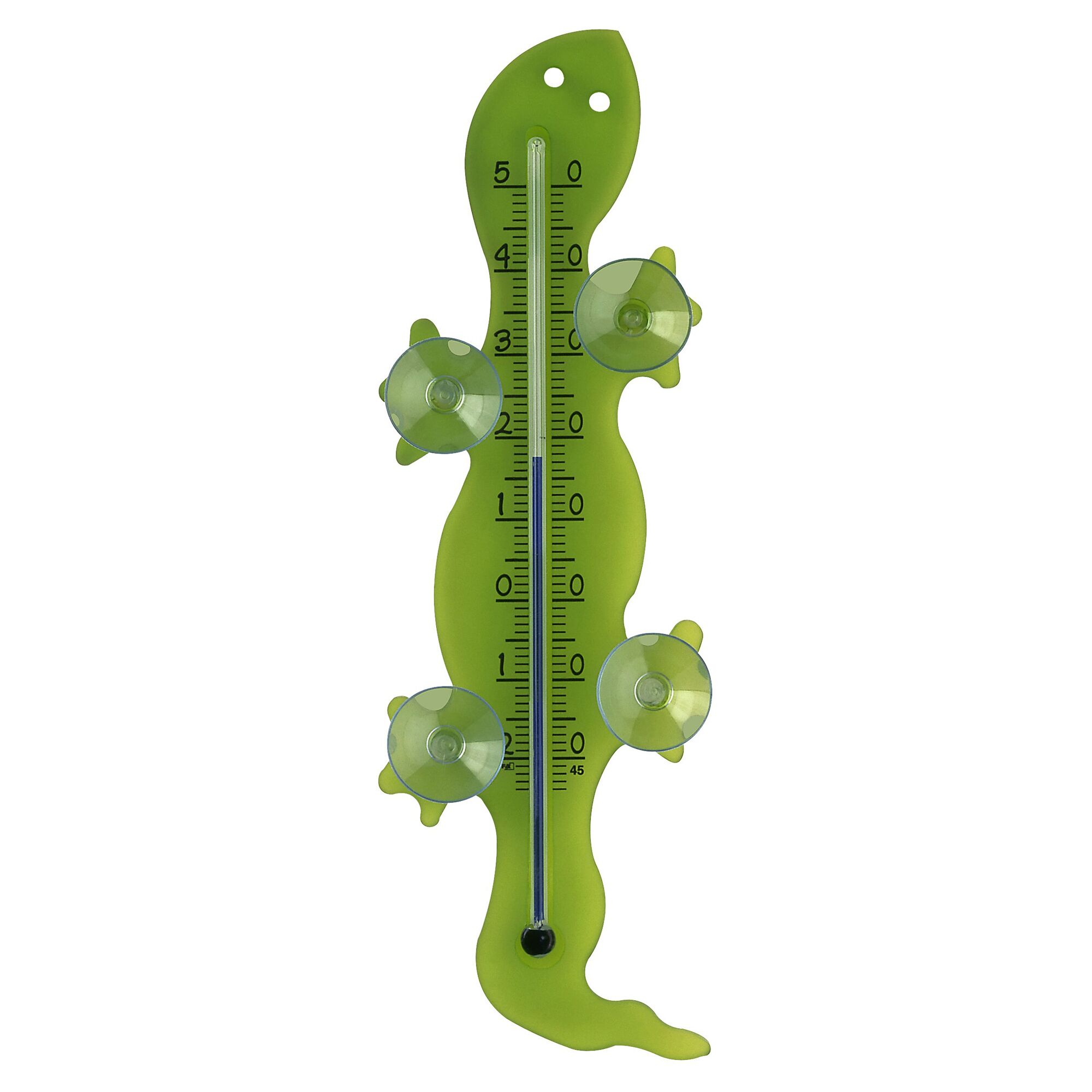 Grünes Fensterthermometer in Gecko-Form.