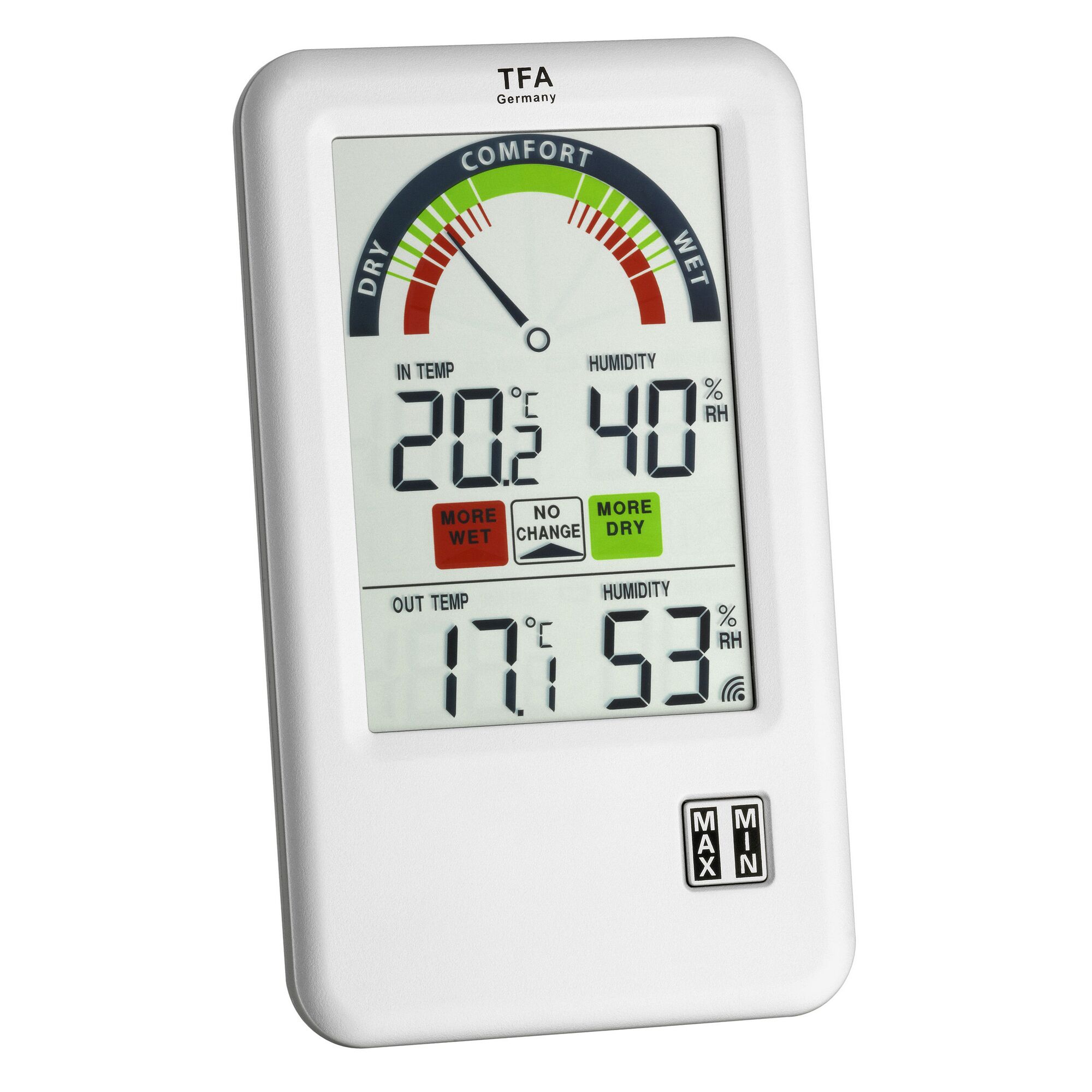 Digitales Thermo-Hygrometer zeigt Temperatur und Luftfeuchtigkeit an