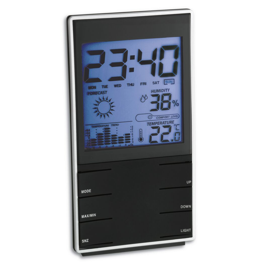 Digitale Wetterstation mit Anzeige von Uhrzeit, Temperatur, Luftfeuchtigkeit und Wettervorhersage