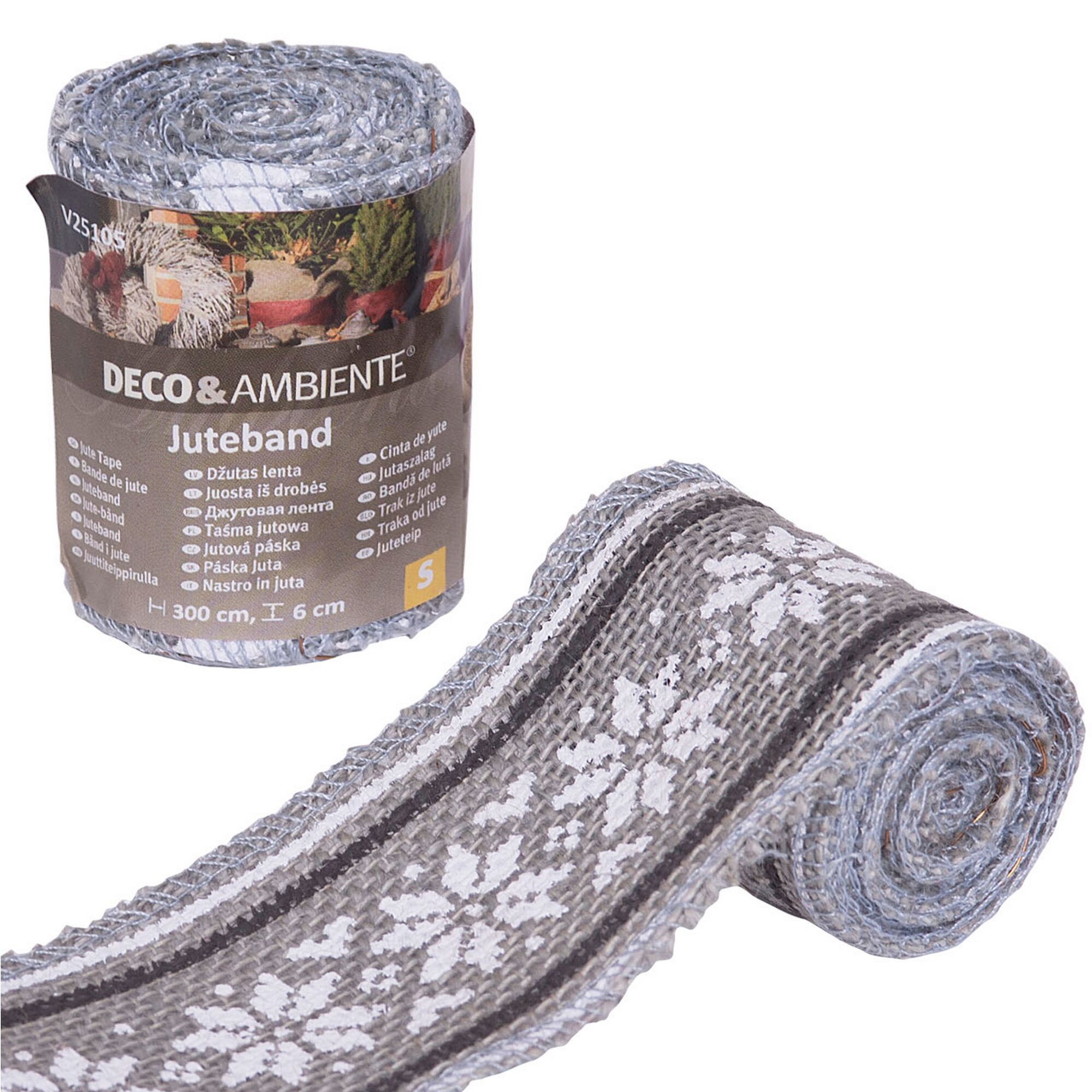 Graues Juteband mit weißem Muster, 300 cm x 6 cm.