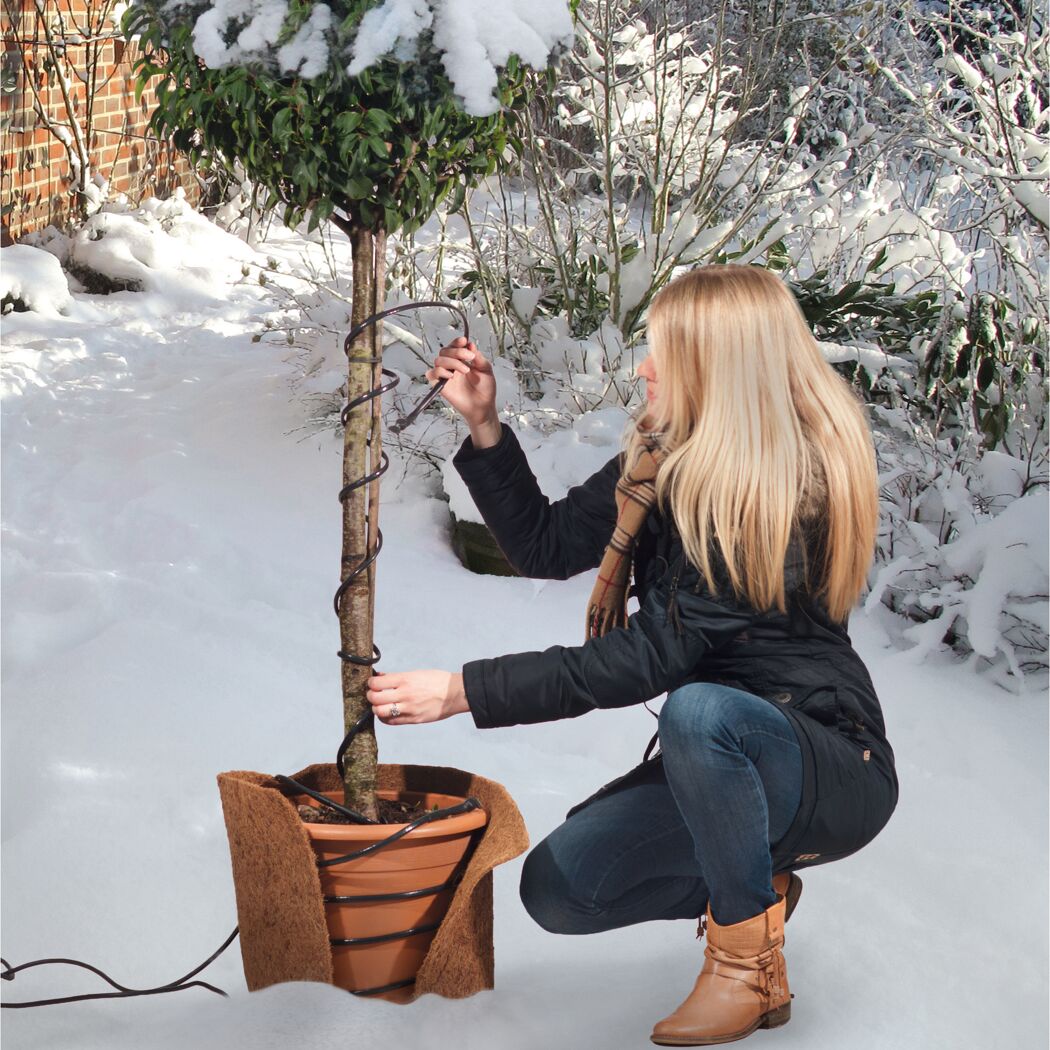 Person bringt Heizkabel am Baum an