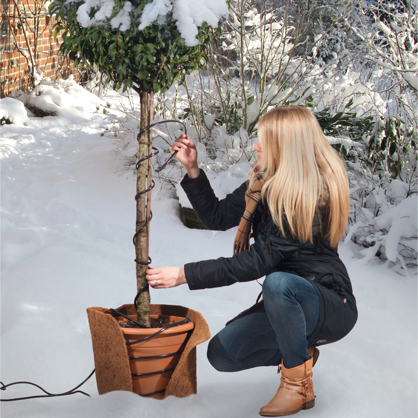 Person bringt Heizkabel am Baum an