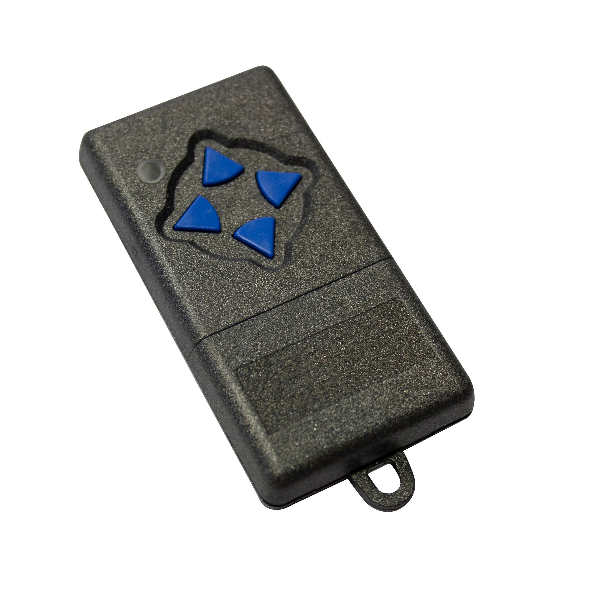 Schwarzer Handsender mit vier blauen dreieckigen Tasten