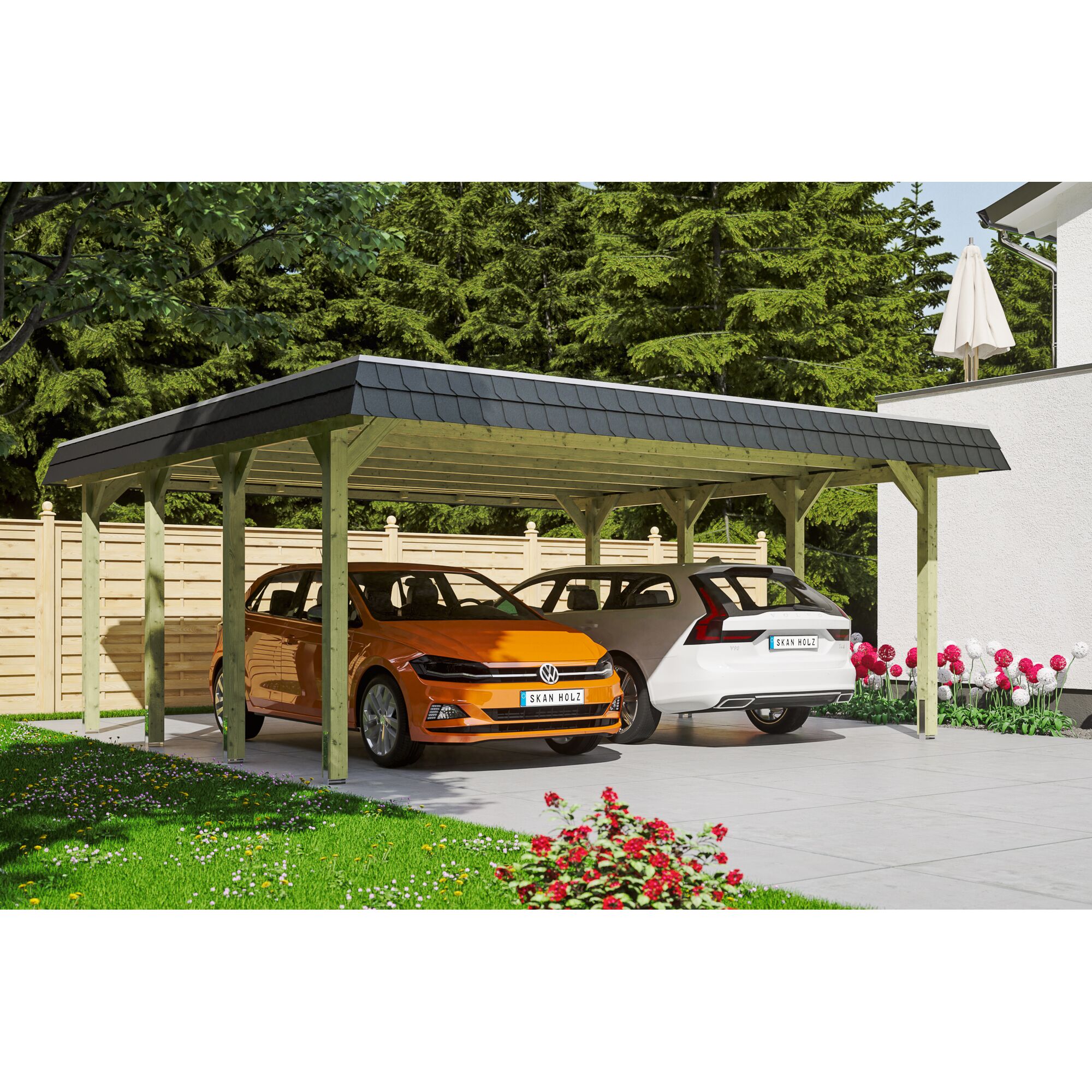 Doppelcarport aus Holz mit zwei Autos