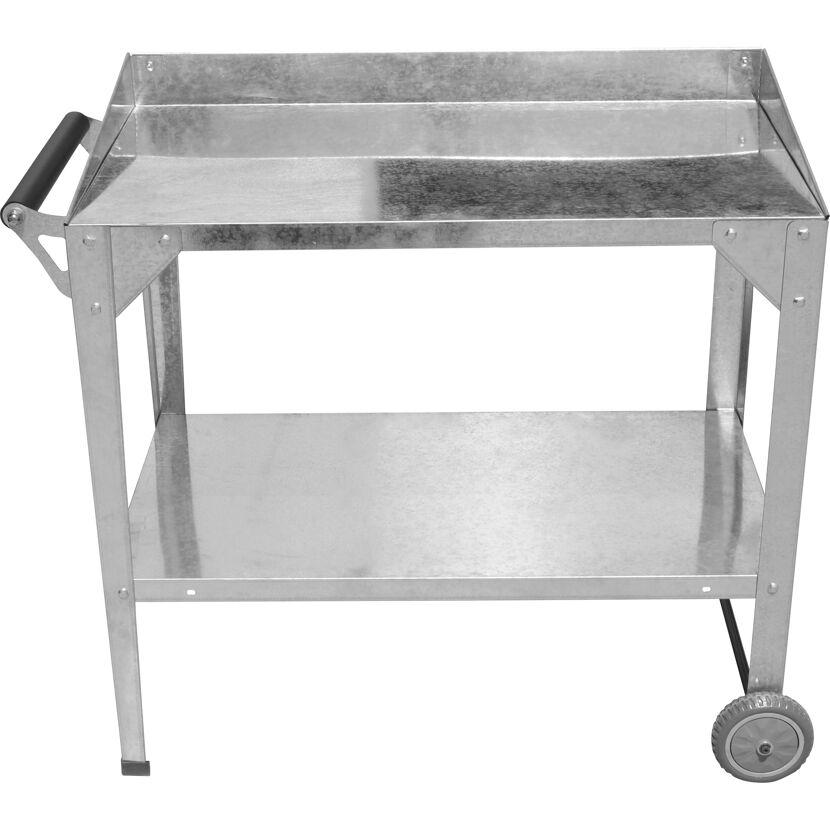 Metallischer Pflanztisch mit zwei Ebenen und Rollen.