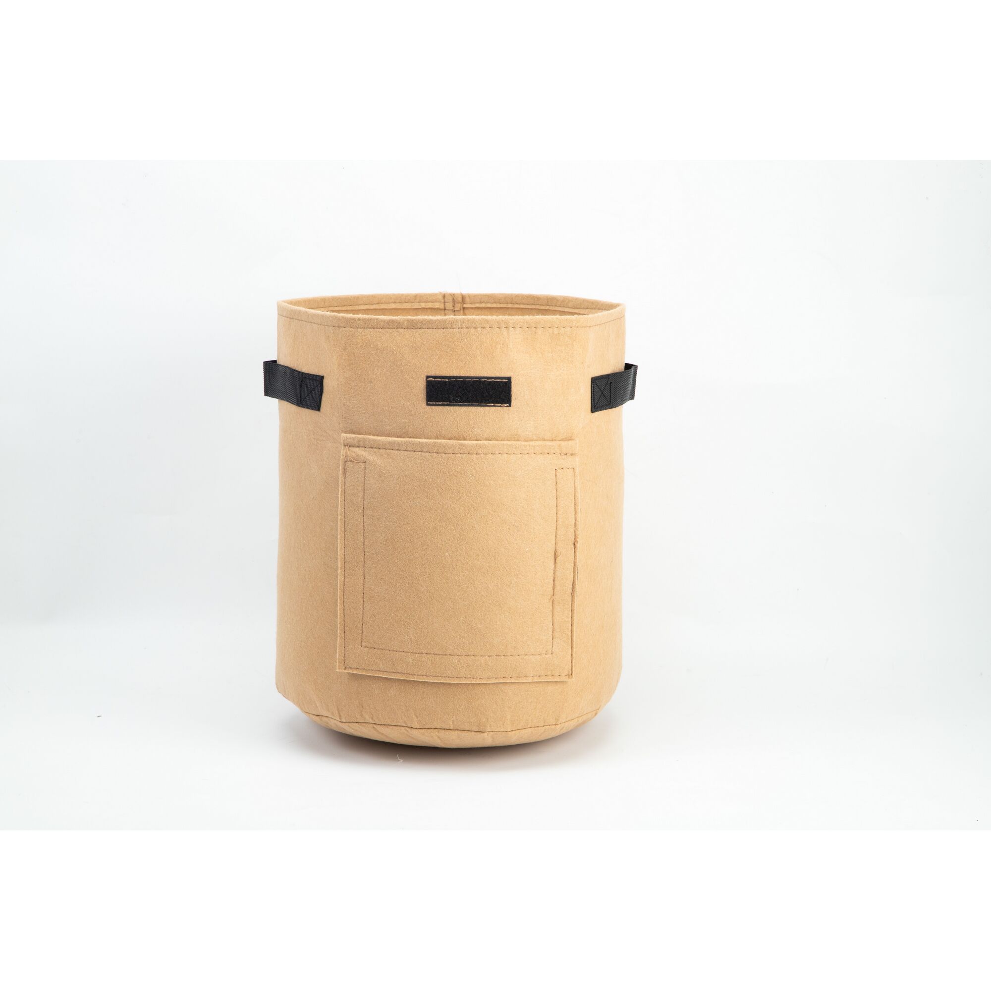 Beigefarbener Kartoffelpflanzsack mit zwei Tragegriffen und einer Tasche.