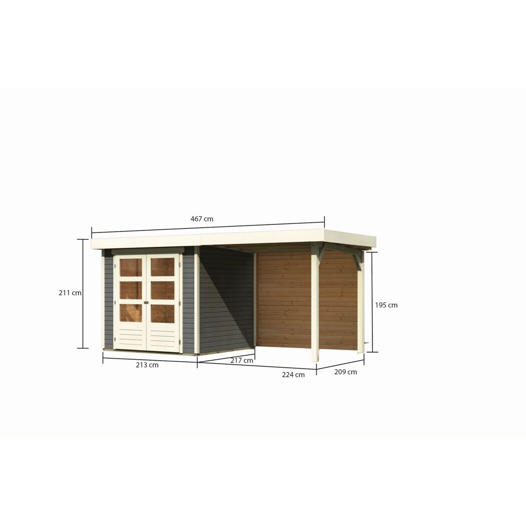 Gartenhaus Dornhan 2 Set 2 mit überdachtem Anbau und Maßen