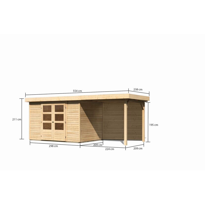 Gartenhaus aus Holz mit Doppeltür und angebauter Überdachung