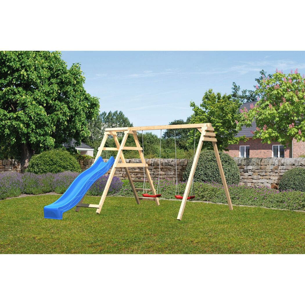 Holzschaukel mit zwei Schaukeln und blauer Rutsche