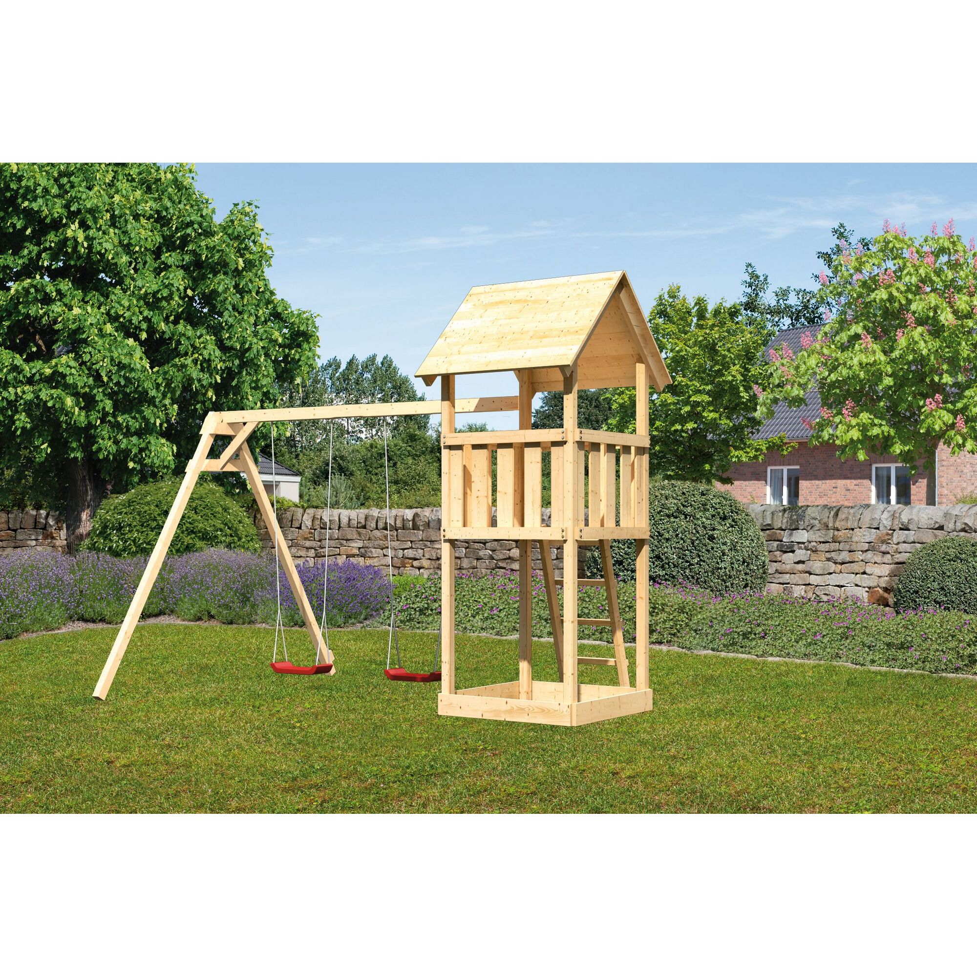 Holzschaukel mit Spielturm und zwei Schaukeln