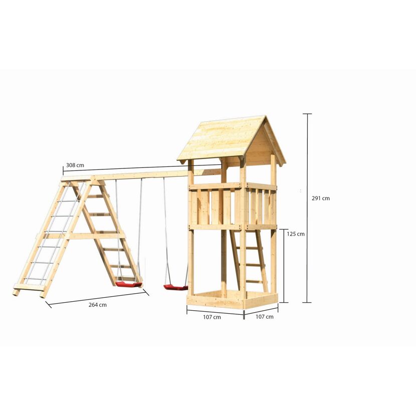 Holzschaukel mit zwei Schaukeln und kleinem Turm