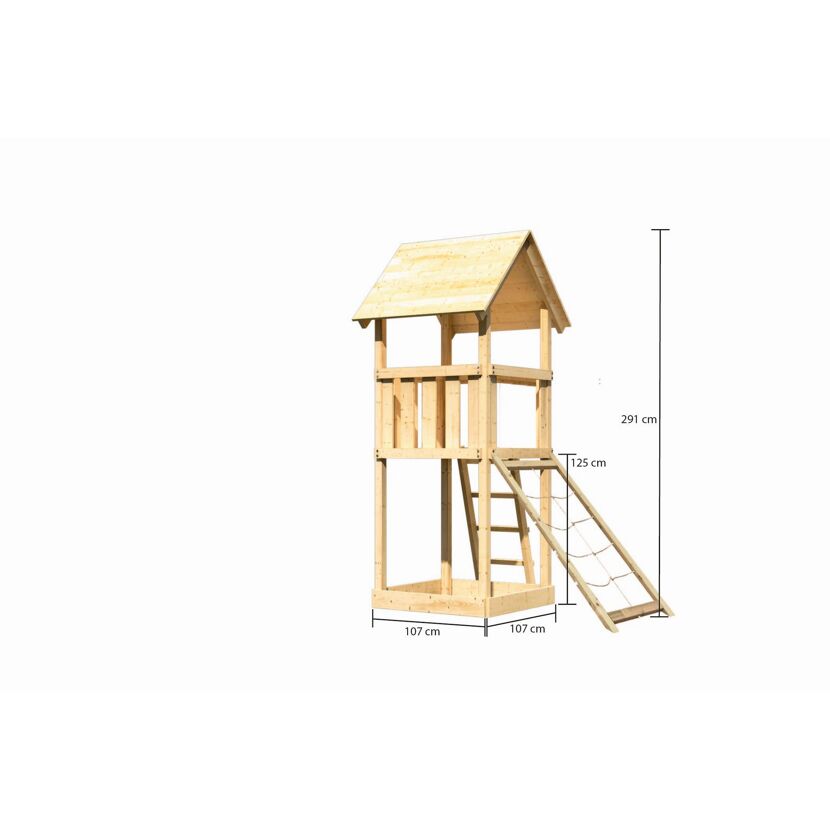 Hölzernes Spielturm mit Netzrampe.